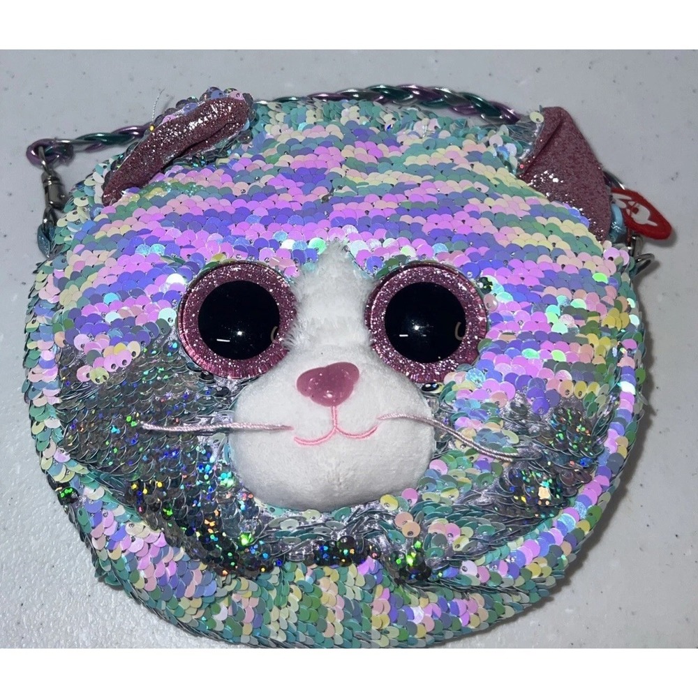 TY Whimsy Kitty Cat Bag Reversible Flippables Sequin Purse 6" W/ Braided Strap